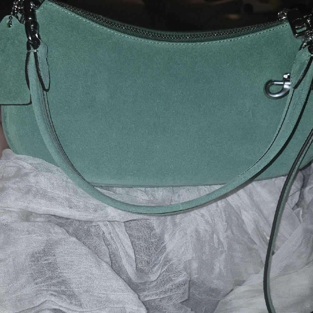 Coach Ashton Mint Green Suede Shoulder Bag with Buckle Pockets NWT - Picture 9 of 11